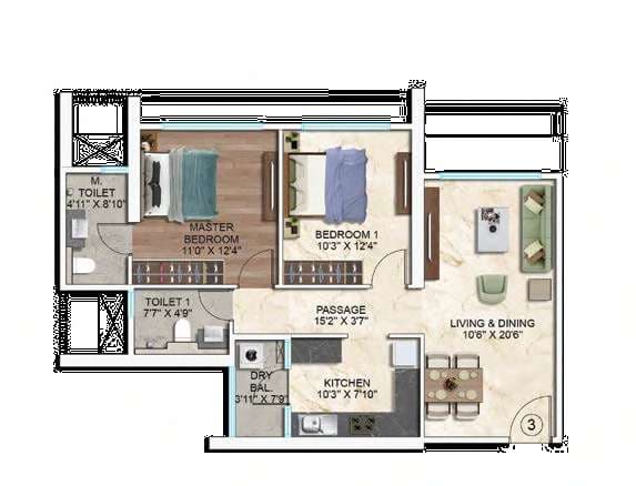 Floor plan – 2 BHK (766 sqft)