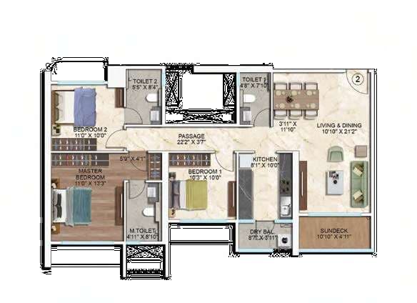 Floor plan – 3 BHK (1098 sqft)