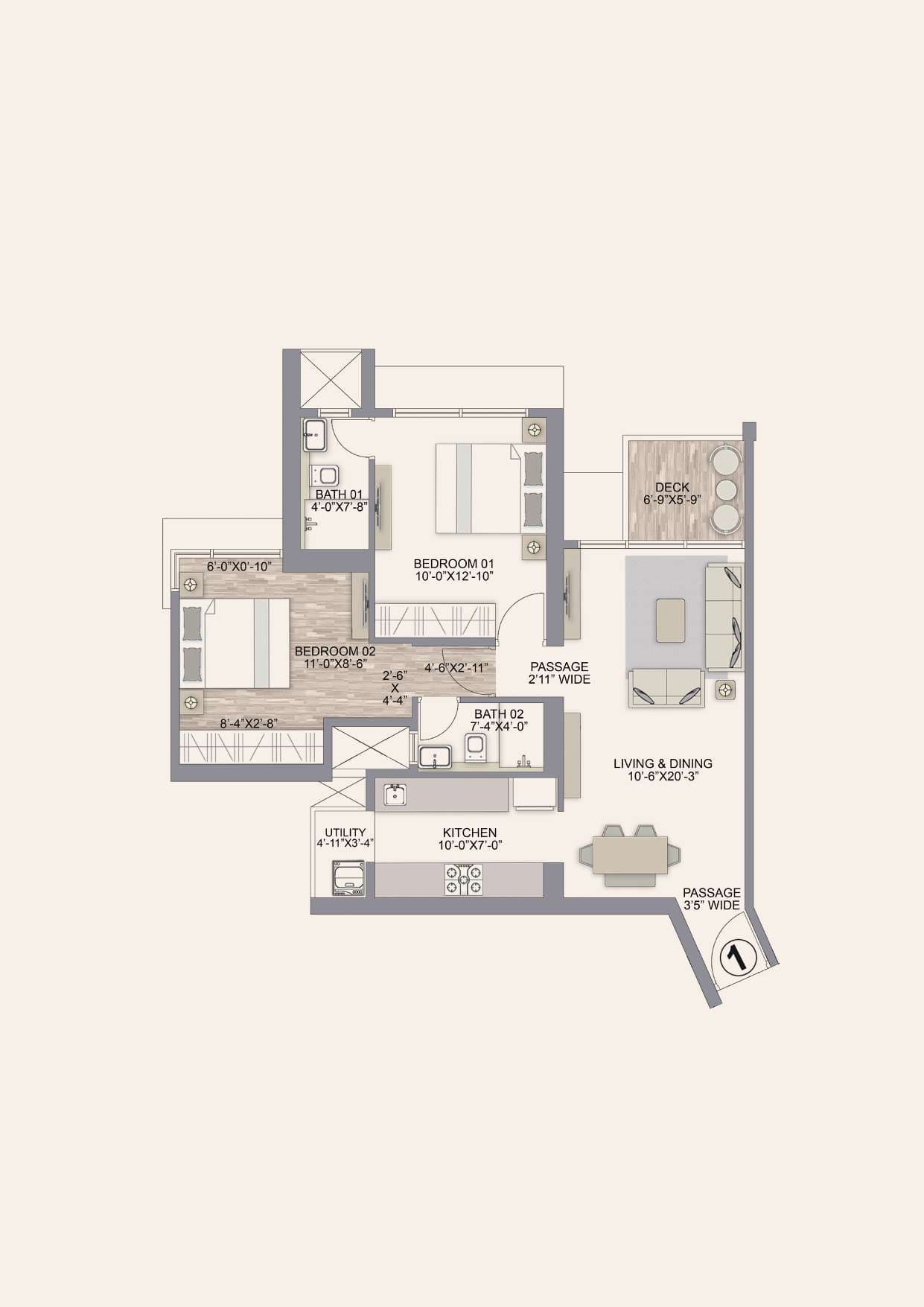 Floor plan – 2 BHK - 744 SQ.FT.