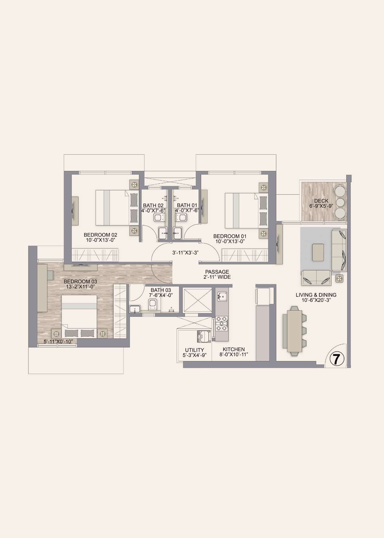 Floor plan – 3 BHK - 1019 SQ.FT.