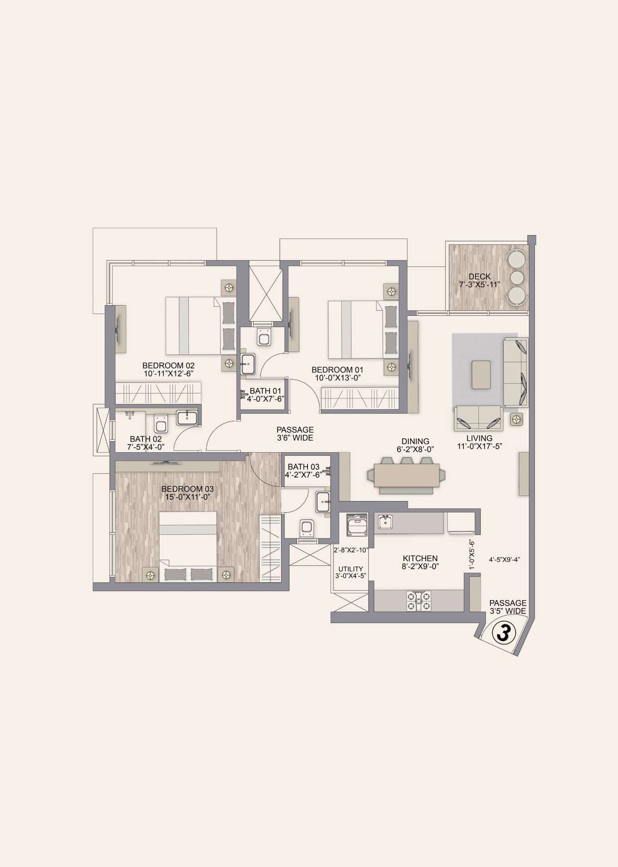 Floor plan – 3 BHK - 1068 SQ.FT.